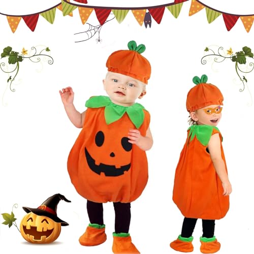 SFSSHUI Halloween Kostüm Kürbis Kinder,Kürbis Cosplay Party Kleidung,Halloween Kürbis Kostüm mit Hüte und Schuhe,Kürbiskostüm,Halloween Kostüm Kinder Mädchen Jungen Für Fasching Party von SFSSHUI