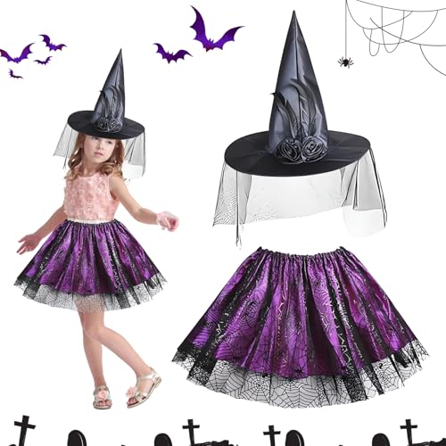 SFSSHUI 2-Teilig Halloween Hexenkostüm,Lila Hexenrock Mit Hexenhut,Hexe Kostüm,Kinder Halloween Kostüm Hexe,Hexen Verkleidung Set,Für Halloweenparty Karneval Maskerade Rollenspiele. von SFSSHUI