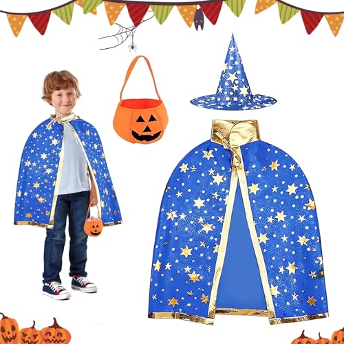 SFSSHUI 标题：Kinder Halloween Kostüm,Zauberer Kostüm Kinder,Hexe Zauberer Umhang Mit Hut Kürbis Candy Bag,Halloween Umhang Kinder,Wizard Cape Witch Mantel,Für Jungen Mädchen Cosplay Party. von SFSSHUI