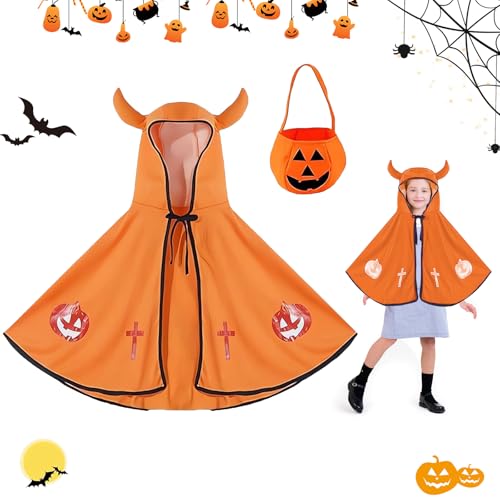 SFSSHUI HexenZauberer Umhang,Kostüm für Kinder Teufelkostüm,Umhang Cape mit Ox Horn Mit Kapuze Mantel,Teufel Umhang mit Kürbis Candy Bag,für Kinder Erwachsene Vampir Kostüm Halloween Cosplay. von SFSSHUI