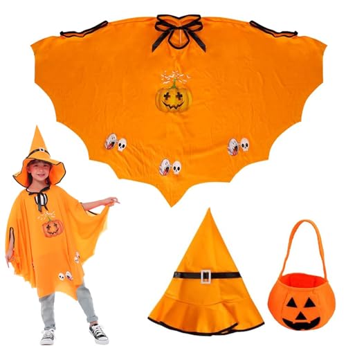 SFSSHUI Kinder Halloween Kostüm Hexen Zauberer Umhang Orange Hexe Zauberer Umhang mit Hut für Kinder, Halloween Fledermaus Kostüm Kinder Hexenkostüm Kürbis Geeignet für Höhe 90-150cm (orange) von SFSSHUI