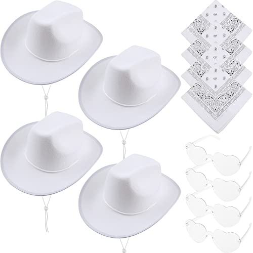 SGBETTER Cowboyhut mit 4 herzförmigen Sonnenbrillen und Bandana, Western-Cowgirl-Hut für Erwachsene, Cowboy-Party-Kostüm-Zubehör (weißes Set), 4 Stück von SGBETTER