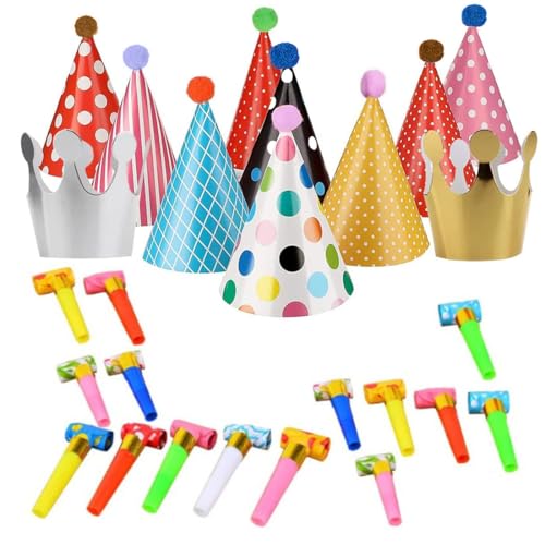 SGERUFZ 26 Pcs Geburtstag Hut Kit 9 Pcs Party Kegel Hüte 2 Pcs Papier Geburtstag Kronen 15 Pcs bunte Trillerpfeifen für Junge Mädchen Geburtstag Party von SGERUFZ