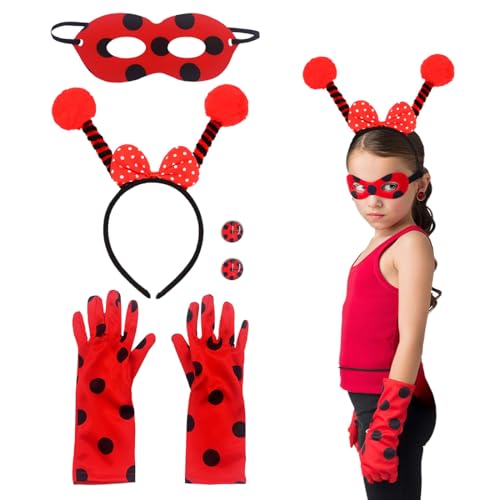 SGERUFZ Set Ladybug Kostüm Zubehör, Lady Bug Maske, Handschuhe, Haarbänder, Ohrring, Rollenspiel, Verkleidung, Mädchen, Halloween, Karneval, Neujahrsgeschenke für Kinder(Rot) von SGERUFZ