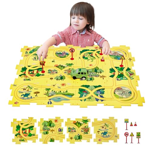 SGILE 12 TLG. STEM Straßenbauer Puzzlespiel für Kinder ab 3 Kleinkind, Rennen logisches Puzzle, Labyrinth Brettspiel mit Auto, Spielset Spielzeug für Jungen Mädchen 3-7 Jahre, Geschenk (Dinosaurier) von SGILE