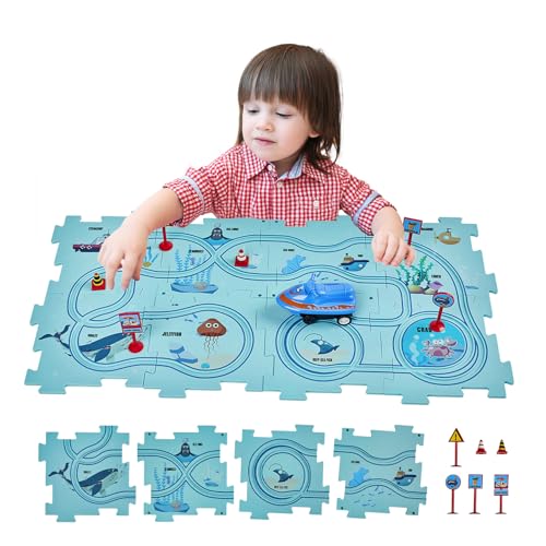 SGILE 8 TLG. STEM Straßenbauer Puzzlespiel für Kinder ab 3 Kleinkind, Rennen logisches Puzzle, Labyrinth Brettspiel mit Auto, Spielset Spielzeug für Jungen Mädchen 3-7 Jahre, Geschenk (Ozean) von SGILE