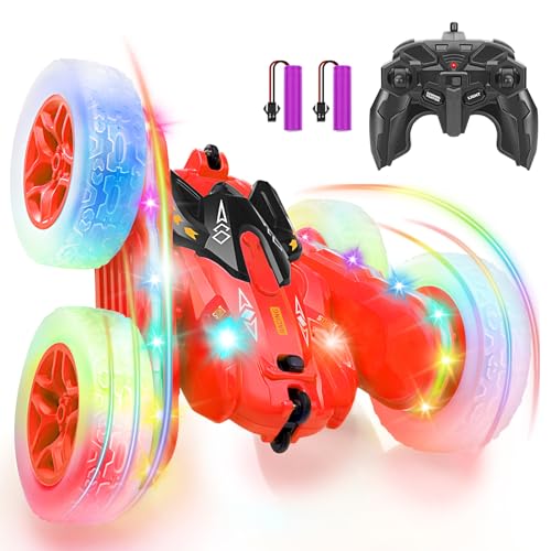 SGILE Red Ferngesteuertes Auto, RC Stunt mit LED-Lichtern 2,4Ghz Doppelseitiges 360° drehendes Wiederaufladbares Kinderspielzeug für Jungen Mädchen, Rot von SGILE