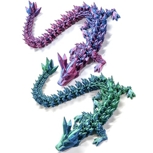 SGQTGIMU 2 Set 3D 38 cm Gedruckt Drachen Spielzeug 3D-Gedruckter Drache Beweglicher 3D Gedruckter Drache Flexible Gelenke 3D Drache im Ei Drachenei mit Drache Realistische Kristall Drachen(Lila,Grün) von SGQTGIMU