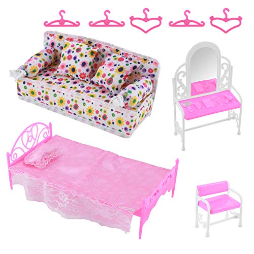 SH-RuiDu Mini-Möbel-Zubehör-Kit, 8 Pcs/Set Prinzessin Möbel Zubehör Set enthält 1 x Dresser Set + 1 x Sofa Set +1 x Bed Set + 5 x Kleiderbügel für Kinder Mädchen Schlafzimmer Playset Pretend Spiele von SH-RuiDu