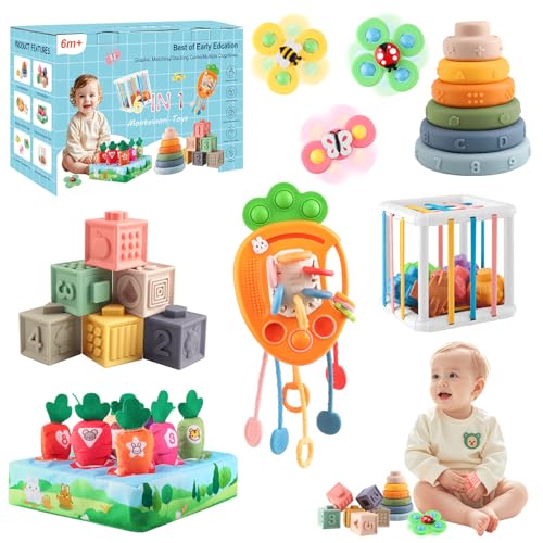 6 in 1 Montessori Spielzeug Baby, Spielzeug Baby ab 6 bis 12 Monate, Sensorisches Baby Spielzeug, Motorikspielzeug, Stapelspielzeug, Silikon-Zugschnur-Aktivitätsspielzeug, Saugnapf-Kreiselspielzeug von SHAINE