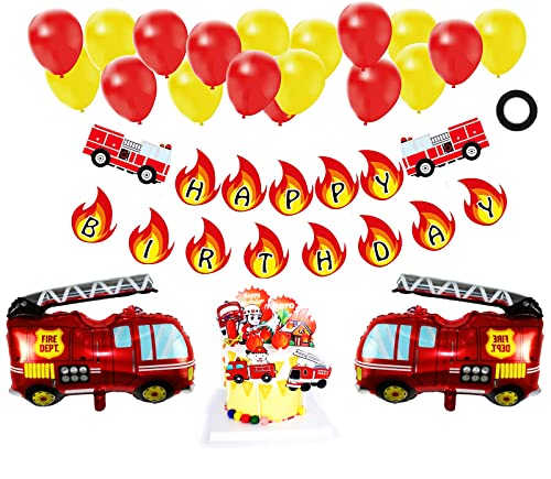 Feuerwehr Party Luftballons, Shamoparty 35 Stück Feuerwehrauto Party Deko, Feuerwehr Geburtstag Banner, Tortendeko, Latex Luftballons, Folienballons, für Kindergeburtstag Feuerwehrauto Deko von Shamoparty