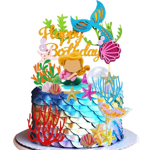 kuchendeko Mermaid Geburtstag,Niedliche Meerjungfrauenfigur,Cake Ornaments für Sea Party,Tortendeko Unterwasserwelt,Glitzernde Meereselemente, Wasserpflanzen, Fischschwanzdekoration von Shamoparty