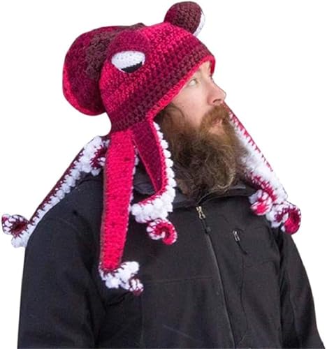 SHANGMAOYO Lustige Ritter Helm Beanie mit Bartmütze,Handgewebte Gestrickte Mütze, Erwachsene Lustige Cartoon Octopus Lange Tentakel Augen Hut Halloween Cosplay Skimaske (Type-B) von SHANGMAOYO