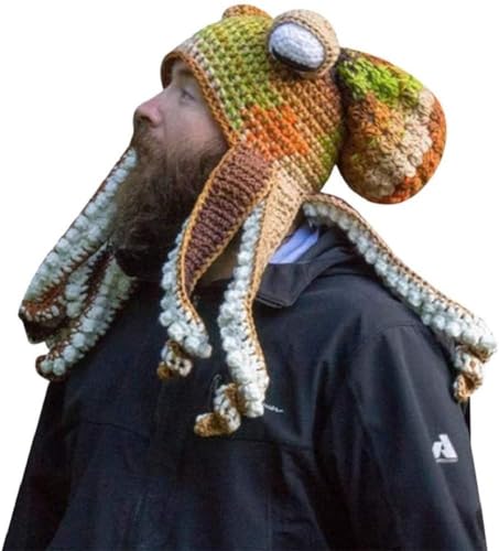 SHANGMAOYO Lustige Ritter Helm Beanie mit Bartmütze,Handgewebte Gestrickte Mütze, Erwachsene Lustige Cartoon Octopus Lange Tentakel Augen Hut Halloween Cosplay Skimaske (Type-D) von SHANGMAOYO