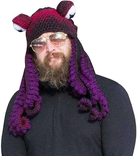 SHANGMAOYO Lustige Ritter Helm Beanie mit Bartmütze,Handgewebte Gestrickte Mütze, Erwachsene Lustige Cartoon Octopus Lange Tentakel Augen Hut Halloween Cosplay Skimaske (Type-E) von SHANGMAOYO