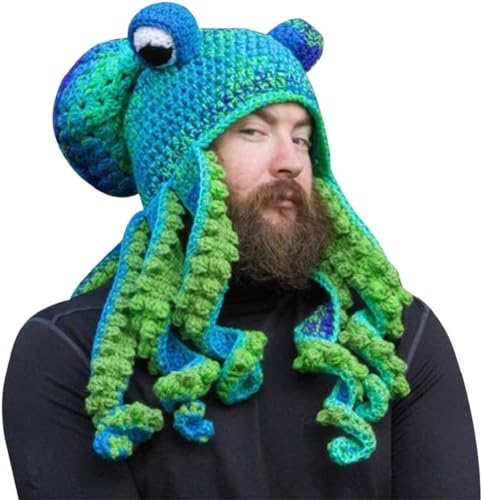 SHANGMAOYO Lustige Ritter Helm Beanie mit Bartmütze,Handgewebte Gestrickte Mütze, Erwachsene Lustige Cartoon Octopus Lange Tentakel Augen Hut Halloween Cosplay Skimaske (Type-F) von SHANGMAOYO