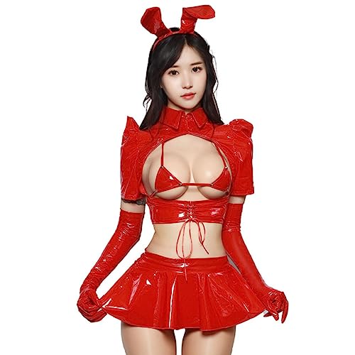 Bunny Girls Senpai Cosplay Outfit Darling Maid Costume Womens Patent Leather Top Bra Ruffle Mini Skirt Bunny Ear Headband-Red A,M von SHANHE