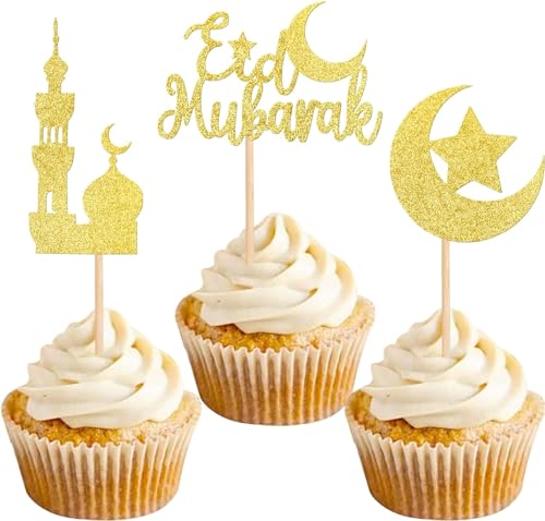 Cupcake Toppers Eid Mubarak,24 Stück Ramadan Kareem Kuchendekoration,Umrah Mubarak Cupcake Dekoration,Eid Mubarak Glitzer Topper,Stern und Mond Muffin Deko（A） von SHANKAM