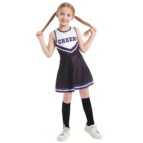 SHANQUAN Cheerleader Kostüm Kinder Mittelschule Cheerleading Uniform Mädchen Cheerleader Kostüm Cheerleading Uniform Kleid mit Socken Fasching Kostüm für Karneval, Mottoparty (Black, 110) von SHANQUAN