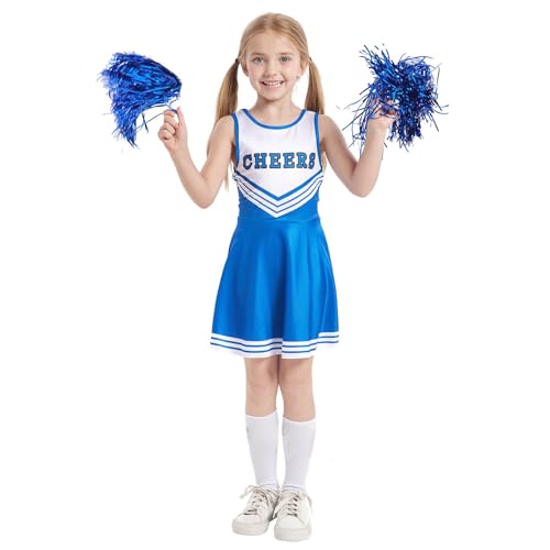 SHANQUAN Cheerleader Kostüm Kinder Mittelschule Cheerleading Uniform Mädchen Cheerleader Kostüm Cheerleading Uniform Kleid mit Socken Fasching Kostüm für Karneval, Mottoparty (Blue, 110) von SHANQUAN