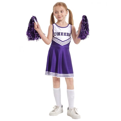 SHANQUAN Cheerleader Kostüm Kinder Mittelschule Cheerleading Uniform Mädchen Cheerleader Kostüm Cheerleading Uniform Kleid mit Socken Fasching Kostüm für Karneval, Mottoparty (Purple, 110) von SHANQUAN