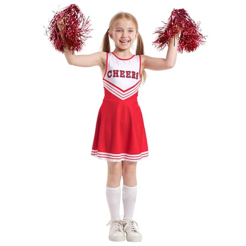 SHANQUAN Cheerleader Kostüm Kinder Mittelschule Cheerleading Uniform Mädchen Cheerleader Kostüm Cheerleading Uniform Kleid mit Socken Fasching Kostüm für Karneval, Mottoparty (Red, 110) von SHANQUAN