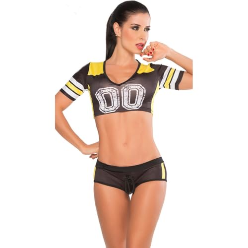 SHANQUAN Cheerleader Kostüm für Damen Cheerleading-Wettbewerbe Outfit Cheerleadering Uniform mit Pompoms und Socken für Mottoparty Halloween Karneval Fasching Kostüm (Black, One Size) von SHANQUAN