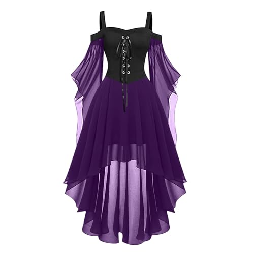 SHANQUAN Mittelalter Kleider Damen Renaissance Partykleid Gothic Kleider Fledermausärmel Schulterfrei Vintage Schwarz Hexenkleid Vampir Verbandkleid für Cosplay Karneval Kostüm (Purple, L) von SHANQUAN