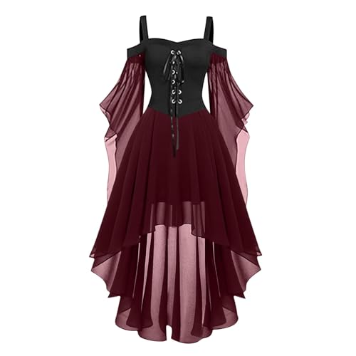 SHANQUAN Mittelalter Kleider Damen Renaissance Partykleid Gothic Kleider Fledermausärmel Schulterfrei Vintage Schwarz Hexenkleid Vampir Verbandkleid für Cosplay Karneval Kostüm (Red, L) von SHANQUAN