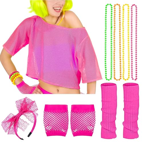 SHAPEPOTY 90er 80er Jahre Outfit Accessoires, 80er Jahre Outfit Damen Mottoparty Netzoberteil, Neon 80 Jahre Outfit Party, 80 Jahre Kostüm Zubehör Set kleidung Typisch Off Shoulder Netzshirt, Rose Rot von SHAPEPOTY