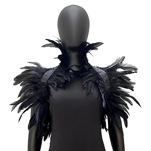 SHAVERUSH Federboa, Pfau Kostüm Damen, Gothic Feder Achselzucken Schalkragen Halskette Halloween Kostüm Epauletten, Umhang Schwarz Kostüm Damen Feder Umhang Cape für Halloween (Schwarz) von SHAVERUSH