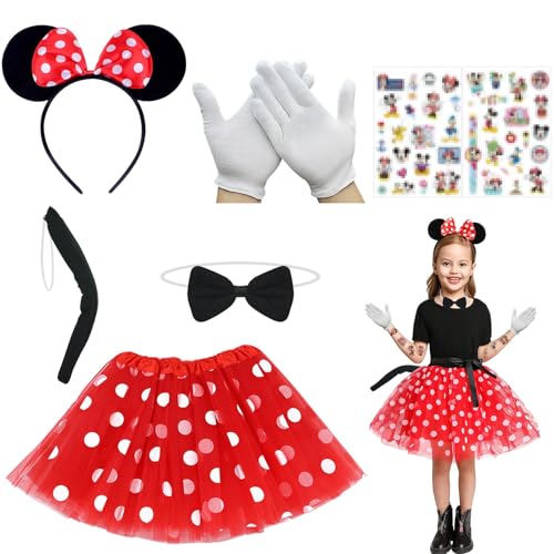 9 Stück Marienkäfer-Kostüm, Mouse Kostüm Kinder, Haarreifen mit Schwarz Ohren und Rote Schleife, Rote Schleife Mausrock Polka Dot Tüllrock mit Nase Handschuhe für Mädchen Karneval Cosplay Partykostüm von SHAWINKLE