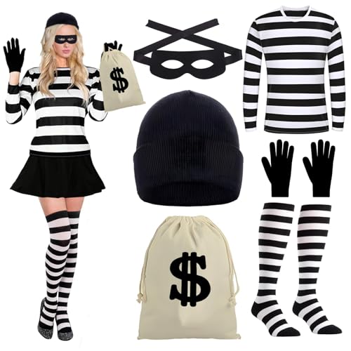 SHAWINKLE Bankräuber Kostüm Damen,Strickmütze,Maske,Handschuhe,Geldbeutel,Kniestrümpfe,T-Shirt,Räuber Kostüm Für Halloween Karneval Cosplay von SHAWINKLE