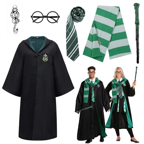 SHAWINKLE Zauberer Cosplay Kostüm,mit Cloak Costume Brille Krawatte Schal Zauberstab Todesser Tattoo,Unisex Magier Umhang Outfit für Halloween Karneval Party von SHAWINKLE