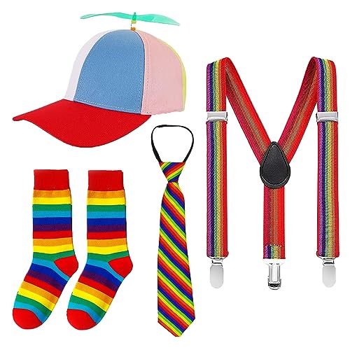 4 Stücke Propeller mütze,Hubschrauber mütze,Regenbogen Hosenträger Bunt Fliege Set Hosenträger Clip auf Y Form verstellbare Elastisch mit Regenbogensocken Cosplay Zubehör für Karneval Party Supplies von SHDIEHJFMLDH