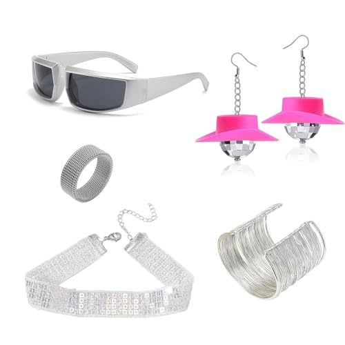 SHDIEHJFMLDH 5 Stück 1970er Discokugel Spiegelkugel Schmuck Set Ohrringe Halskette Armband und Strass Sonnenbrille Bling Partybrille 1970er Kostüm Zubehör für Damen Herren Party Karneval von SHDIEHJFMLDH