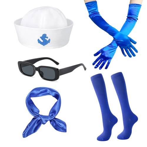 5 Stücke Kapitän Matrosen Accessoires,Marine Kostüm Matrosenmütze,Marine Kappe Kapitän Matrosen Mütze,Kniehohe Socken und Quadratische Schal,Sonnenbrille, für Cosplay Marine Outfit Verkleidungsparty von SHDIEHJFMLDH