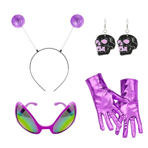 SHDIEHJFMLDH 4 Stück Alien Kostüm Set Glitzer Bopper Stirnband Silber Lange Handschuhe Schwarze Acryl UFO Ohrringe für Damen Verkleidung Erwachsene Kostüm Zubehör Alien Cosplay Kostümzubehör-Lila von SHDIEHJFMLDH