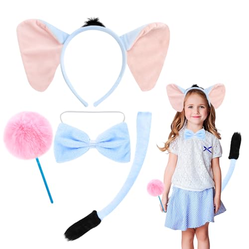 SHDIEHJFMLDH 4 Stück Elefanten Kostüm Zubehör Set,Elefant Kostüm Haarreif,mit Elefant Schwanz,BowTie,Plüschstab,Lustige Kopfbedeckung Fasching für Kinder Erwachsene Halloween Verkleidung Party Favors von SHDIEHJFMLDH