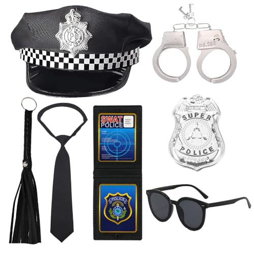 SHDIEHJFMLDH 7 Stücke Polizei Kostüm Zubehör,Damen Polizistin Kostüm Accessoires,Polizei Hut Handschellen Sonnenbrille Binden Abzeichen Peitsche für Cosplay Polizei Outfit Verkleidungsparty von SHDIEHJFMLDH