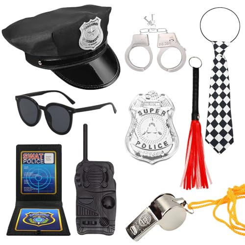 SHDIEHJFMLDH 9 Stücke Polizei Kostüm Zubehör,Damen Polizistin Kostüm Accessoires,Polizei Hut Handschellen Sonnenbrille Binden Abzeichen Peitsche für Cosplay Polizei Outfit Verkleidungsparty von SHDIEHJFMLDH