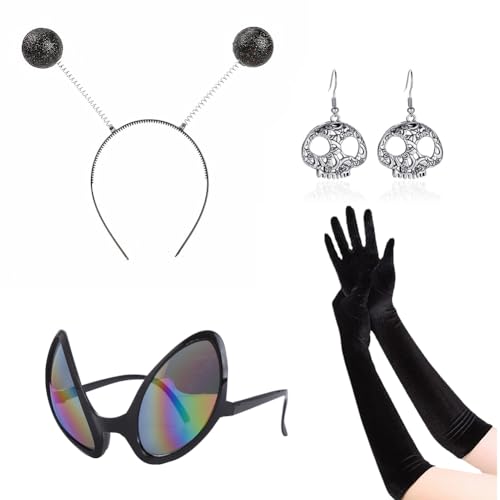 SHDIEHJFMLDH Alien Kostüm Set Glitzer Bopper Stirnband Lange Handschuhe Schwarze Acryl UFO Ohrringe für Damen Verkleidung Erwachsene Kostüm Zubehör Alien Cosplay Kostümzubehör（Schwarz） von SHDIEHJFMLDH