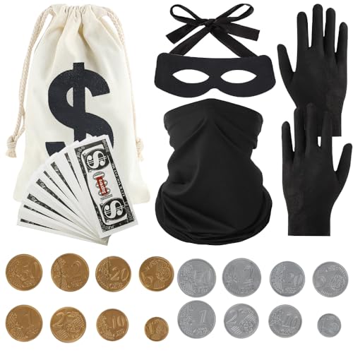 SHDIEHJFMLDH Bankräuber Kostüm Damen Herren Und Kinder Set, Dieb Verbrecher Kostüm Con Goldmünzprägung, Augenmaske, Dollar Geldsack, Maske, Handschuhe Für Karneval, Halloween, Einbruch Mottoparty von SHDIEHJFMLDH