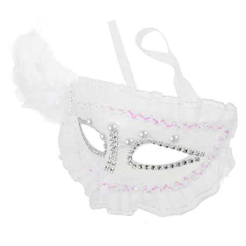 SHERCHPRY Spitzenfedermaske Fuchsmaske Cosplay-partymaske Luxusmaske Party-spitzenmaske Abendmaske Lustige Maske Geheimnisvolle Maske Abschlussball Maske Karnevalsmaske Halbmaske Perle Weiß von SHERCHPRY