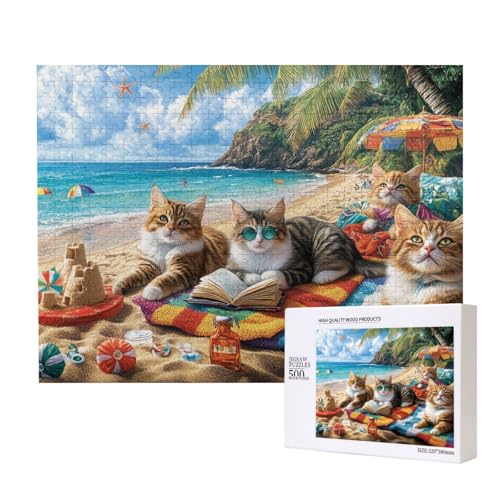 Kätzchen am Strand 500-teiliges Puzzle für Erwachsene und Kinder ab 10 Jahren, Lernspiel, Herausforderung, Spielzeug, Holzpuzzle von SHFYTRHG