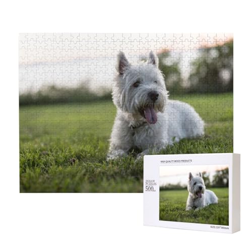 Rasen-West Highland White Terrier 500-teiliges Puzzle für Erwachsene und Kinder ab 10 Jahren, Lernspiel, Herausforderung, Spielzeug, Holzpuzzle von SHFYTRHG