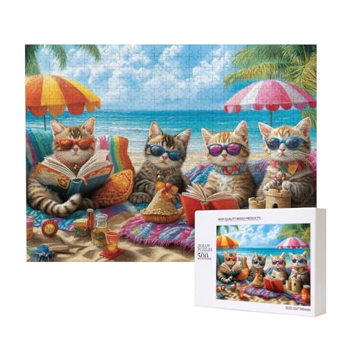 Spielende Kätzchen Der Strand 500-teiliges Puzzle für Erwachsene und Kinder ab 10 Jahren, Lernspiel, Herausforderung, Spielzeug, Holzpuzzle von SHFYTRHG