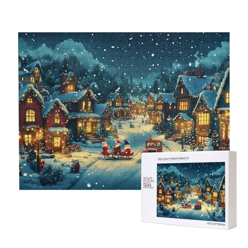 Verschneite Nacht Weihnachten 500-teiliges Puzzle für Erwachsene und Kinder ab 10 Jahren, Lernspiel, Herausforderung, Spielzeug, Holzpuzzle von SHFYTRHG