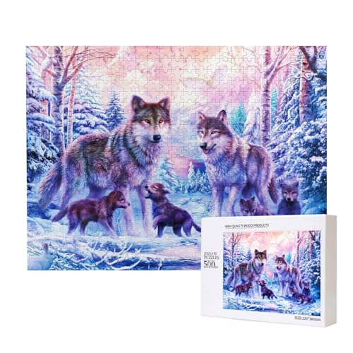 Winter Schnee Wolfsfamilie 500-teiliges Puzzle für Erwachsene und Kinder ab 10 Jahren, Lernspiel, Herausforderung, Spielzeug, Holzpuzzle von SHFYTRHG