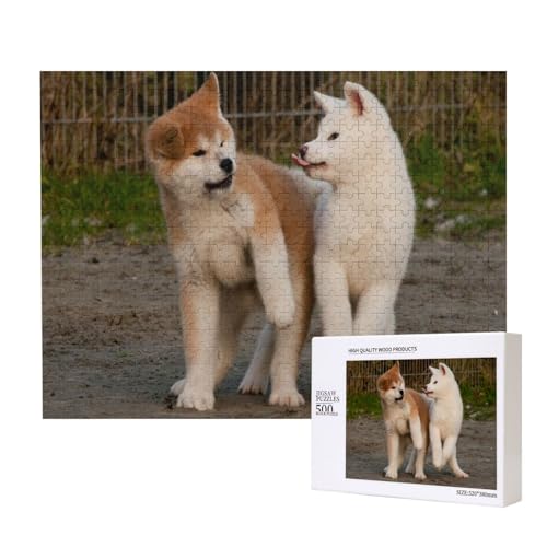 Zwei süße Akita-Hunde 500-teiliges Puzzle für Erwachsene und Kinder ab 10 Jahren, Lernspiel, Herausforderung, Spielzeug, Holzpuzzle von SHFYTRHG